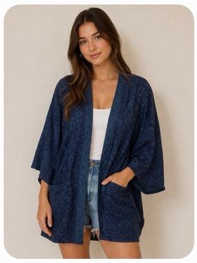 American Eagle Outfitters Floral Paisley Linen Blend Denim Kimono Cardigan Wrap